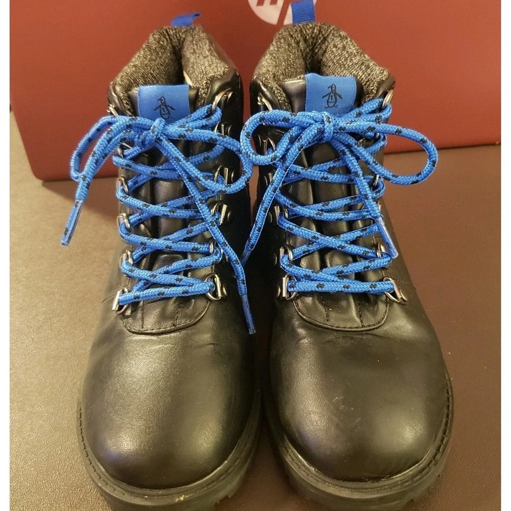 Original Penguin By Munsingwear Kids US 1 Black Leather Lace Up Boots Hiking
